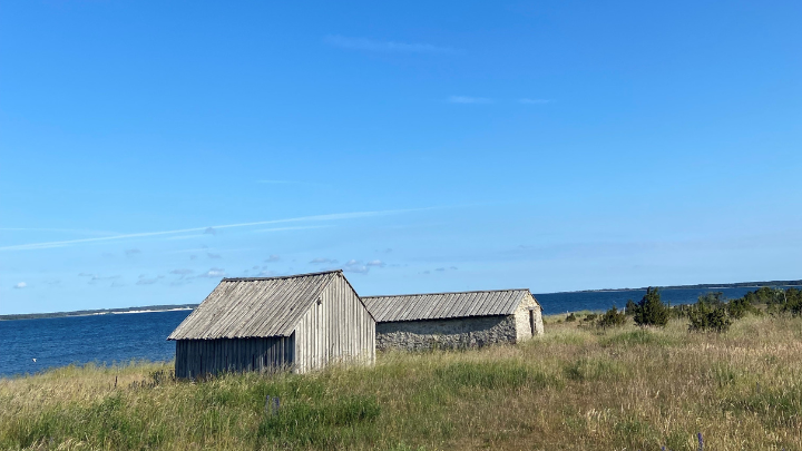 Tv&aring; stenhus st&aring;r i h&ouml;gt gr&auml;s, med bl&aring; himmel och havet framf&ouml;r.